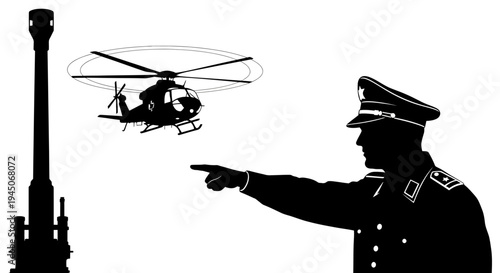 Military Officer Directs Helicopter Near Artillery Gun Silhouette