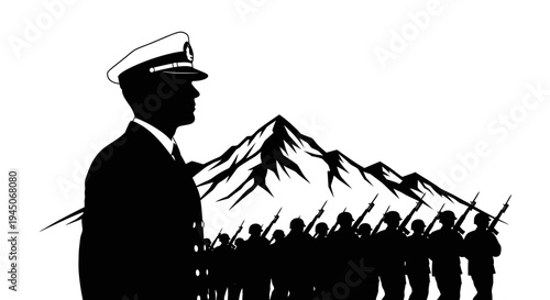 Military Officer Leading Soldiers in Formation with Mountain Background