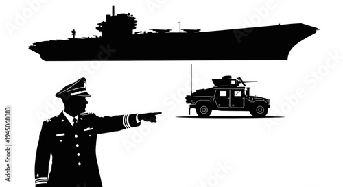 Military Officer Directs Humvee Near Aircraft Carrier Silhouette