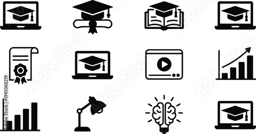 Set of 12 education icons vector, black and white