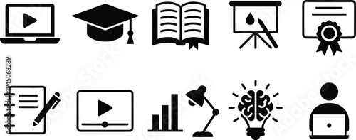 Set of 10 education icons vector, black on white background