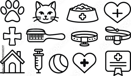 Set of 13 veterinary icons vector, black line style
