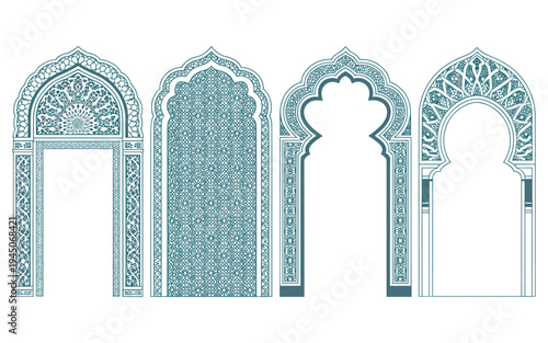 Four intricate blue and white architectural arches with geometric patterns