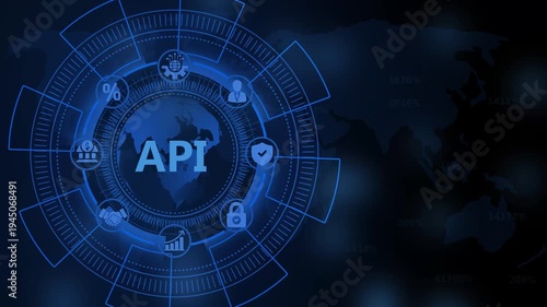 Digital API Technology Interface with Global Network and Data Icons on Dark World Map Background