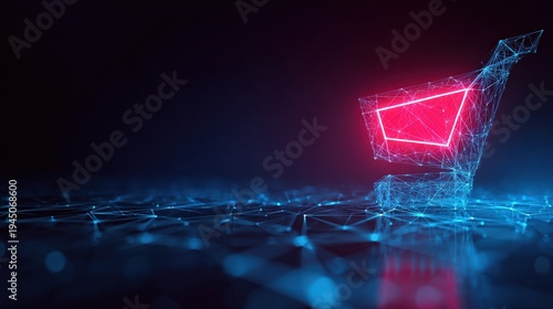 A vibrant, digital shopping cart emerges from a network of glowing lines, suggesting the future of online retail and commerce in a futuristic. Created with Generative AI, not depicting real subjects.