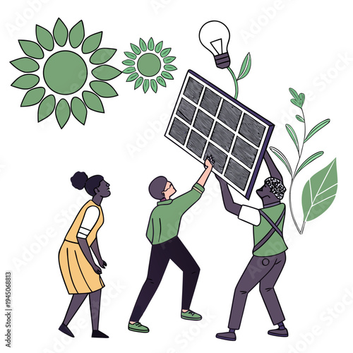 Three people holding up a solar panel sustainable green