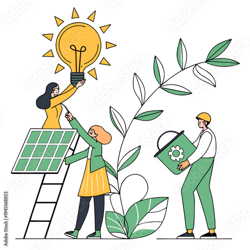 People installing a light bulb and solar panel with green leaves