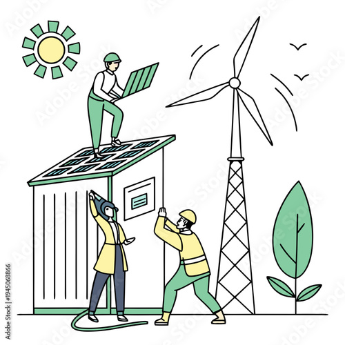 Workers installing solar panels on a house with a wind turbine