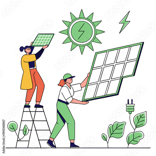 Two people installing solar panels with a sun symbol