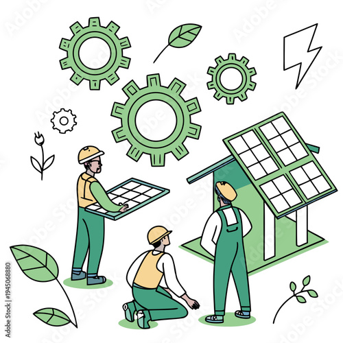 Workers installing solar panels on a house with green tools