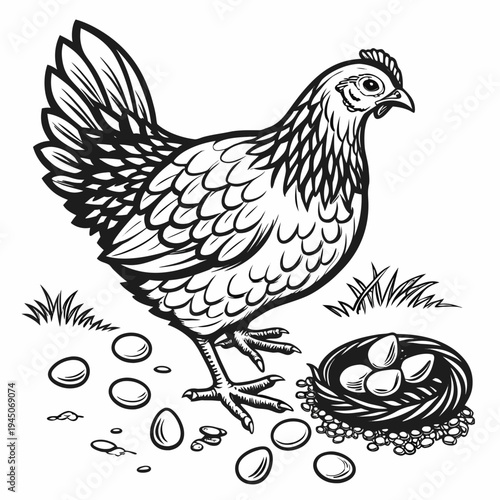 Black and white of a hen with eggs in a nest chicken