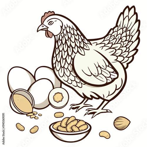 Chicken with eggs and peanuts bowl farm