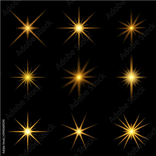 Bright Gold Magic Sparkles and Sunburst Effects; Elegant Glowing Stars for Holiday and Luxury Branding
