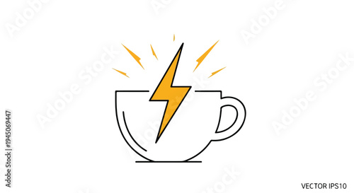 Minimalist Coffee Cup Vector with Yellow Lightning Bolt Isolated on White Background