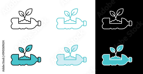 Plant sprout in cut plastic bottle icon for recycling and eco gardening in line and fill style