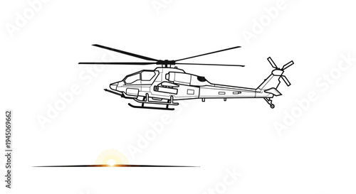 Line Art Helicopter Flying Over Sunrise Horizon, Military Aircraft Illustration