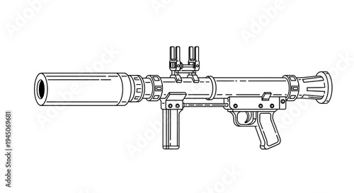 Line Art Illustration of a Suppressed Submachine Gun with Vertical Foregrip