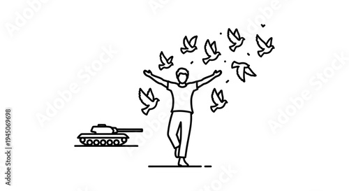 Man Releasing Birds, Tank in Background - Symbol of Peace and Freedom