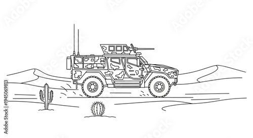 Military Armored Vehicle in Desert Landscape with Cacti - Line Art Illustration