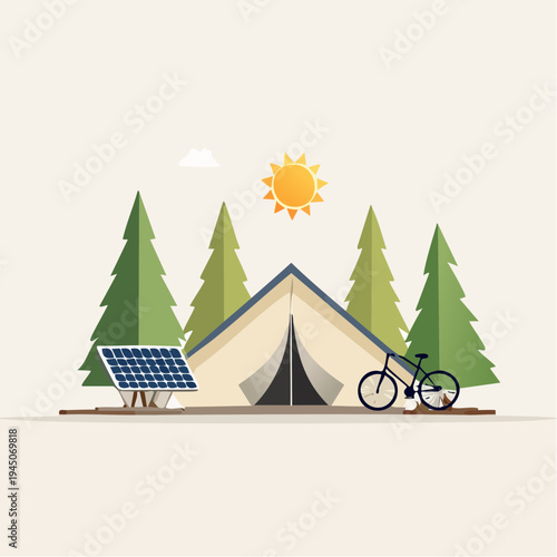 Sustainable Summer Glamping with Solar Panels Vector Illustration