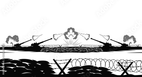 Military artillery firing during wartime, with explosions and barbed wire defenses.