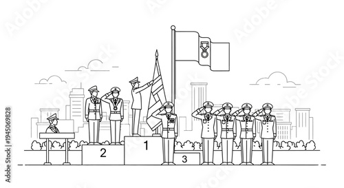 Military Award Ceremony: Soldiers Saluting on Podium, Flag Raising, City Skyline