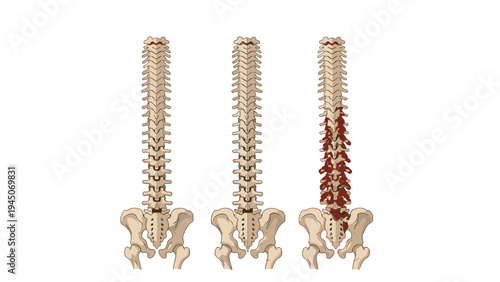 Human spinal column illustration showing comparative stages of back health with red markings indicating pain or inflammation areas.