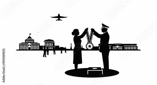 Military Award Ceremony with Capitol Building and Airplane Silhouette