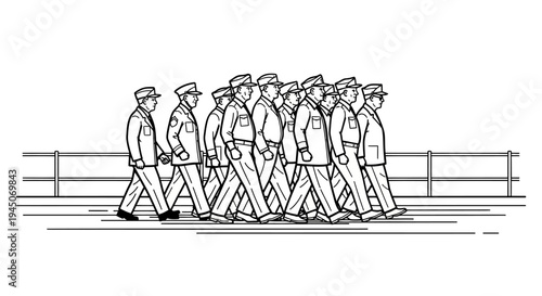 Military Cadets Marching in Formation, Black and White Line Art