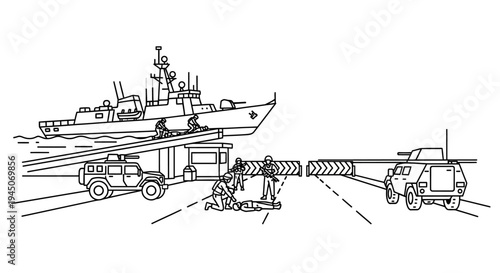 Military checkpoint with patrol boat, armored vehicles, and soldiers