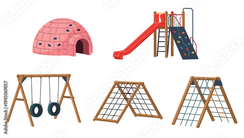 Children playground equipment set featuring colorful red slide, climbing wall, tire swing, rope nets, and pink igloo on white background.