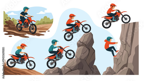 Extreme motocross action scenes set in rough outdoor terrains featuring riders jumping and climbing steep rocky cliffs and muddy tracks.