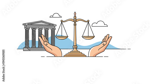 Scales of justice held by human hands in front of courthouse building symbolizing legal protection, fair trials, and balance of law.
