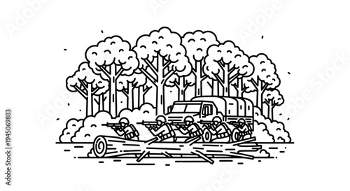 Military convoy in forest, soldiers with rifles, fallen trees, line art illustration
