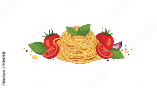 Italian spaghetti pasta dish ingredients featuring fresh tomatoes, basil leaves, garlic, and scattered peppercorns on white background.