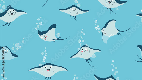 Seamless pattern featuring cheerful manta rays swimming in deep blue ocean water with rising bubbles, ideal for fabric and wallpaper.