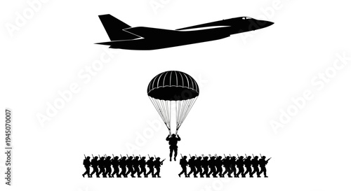 Military Paratrooper Jump from Plane with Soldiers Below