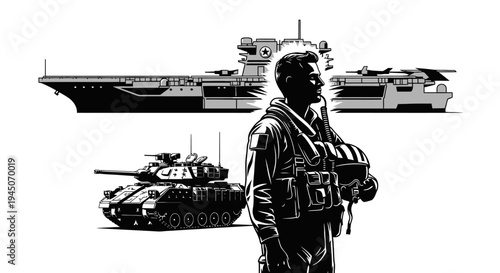 Military Pilot Silhouette with Aircraft Carrier and Tank - Defense Force Concept