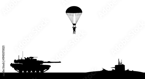 Military Paratrooper, Tank, and Submarine Silhouettes on White Background