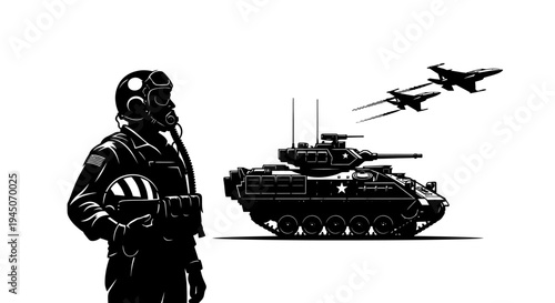 Military Pilot, Tank, and Fighter Jets in Formation - Black and White