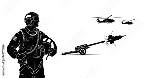 Military Pilot, Artillery Cannon Firing, Helicopters Flying - Black and White Silhouette