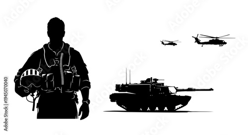 Military Power: Silhouette of Soldier, Tank, and Helicopters