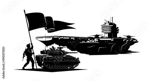 Military Power: Aircraft Carrier, Tank, Soldier with Flag - Symbol of Strength and National Pride