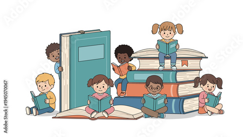 Diverse group of children reading books around oversized textbooks representing imagination, knowledge, and educational growth.