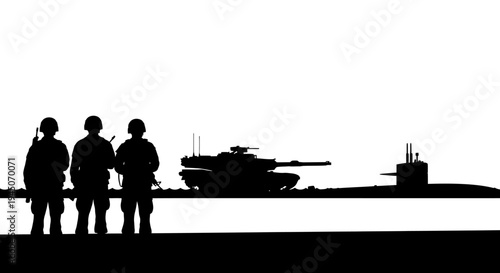 Military Power: Soldiers, Tank, and Submarine Silhouette on White Background
