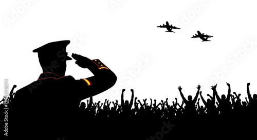 Military Salute: Soldier Honors Air Show with Fighter Jets Flying Overhead