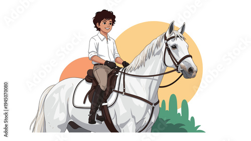 Young male equestrian rider on majestic white horse in riding gear against stylized sun and green hills backdrop illustration.