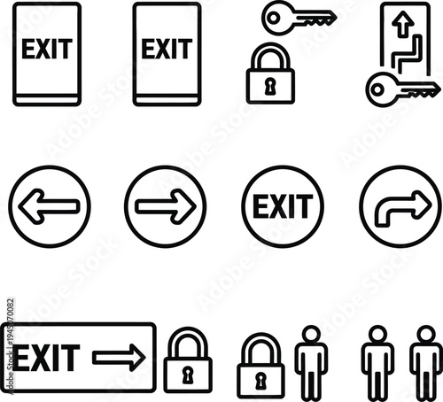 Collection of exit and directional signs and symbols