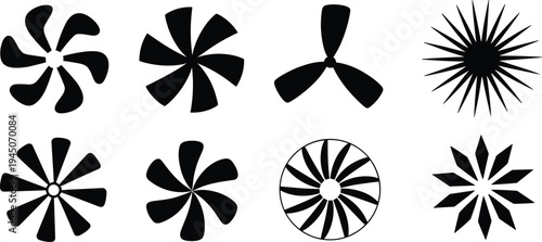 Abstract radial fan blades and starburst shapes vector set, circular geometric design elements, black silhouette decorative symbols collection