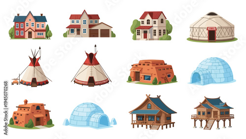 Collection of various global dwellings including traditional yurt, igloo, teepee, adobe houses, and stilt huts in grid design.